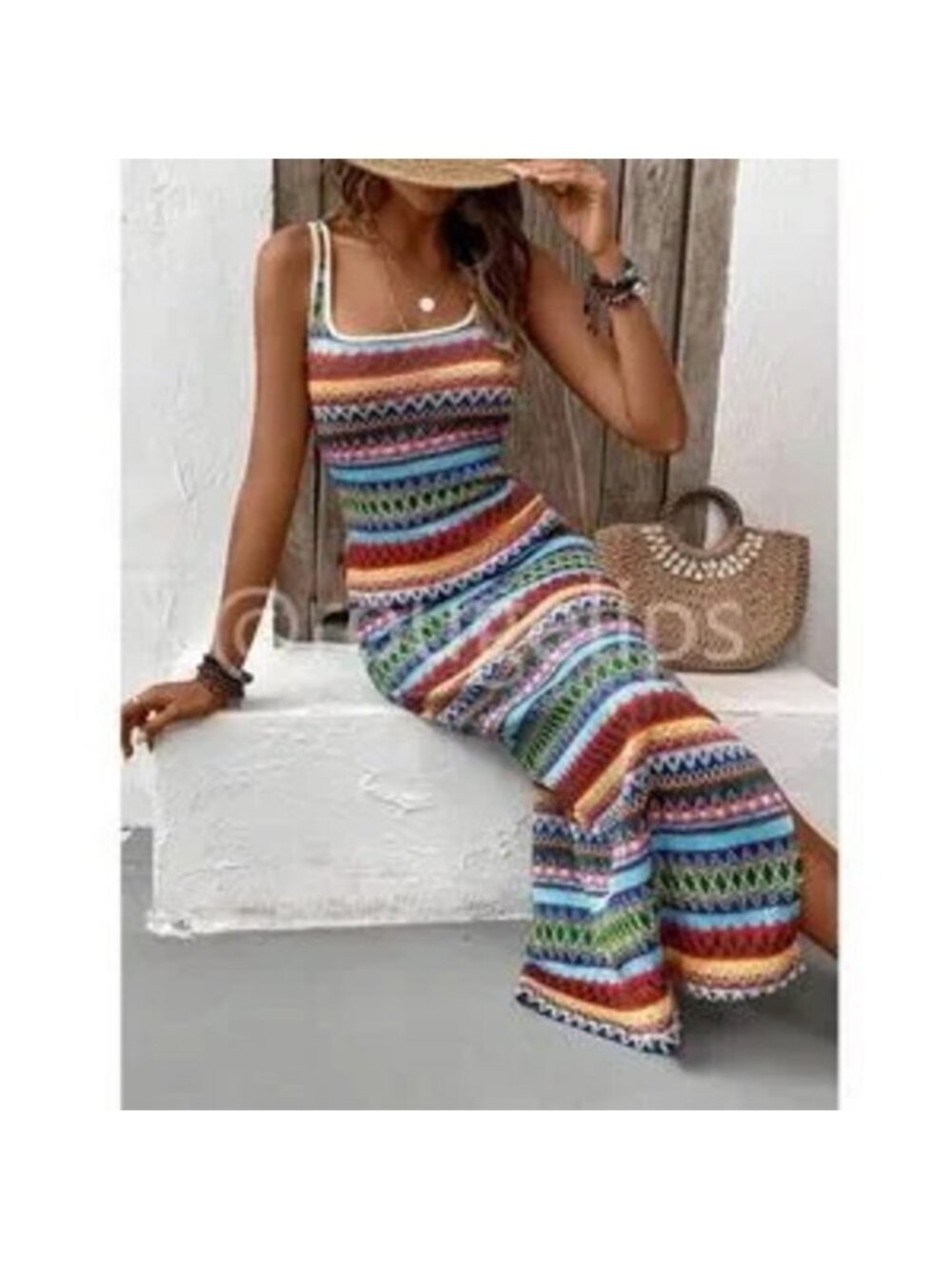Knit Striped Tank Dress Side Leg Slit Long Ribbed Multicolor Long Slim - Picture 1 of 4